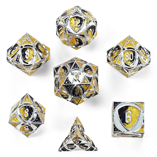 Fighter Solid Metal Polyhedral Dice Set-Silver w/Yellow&Black