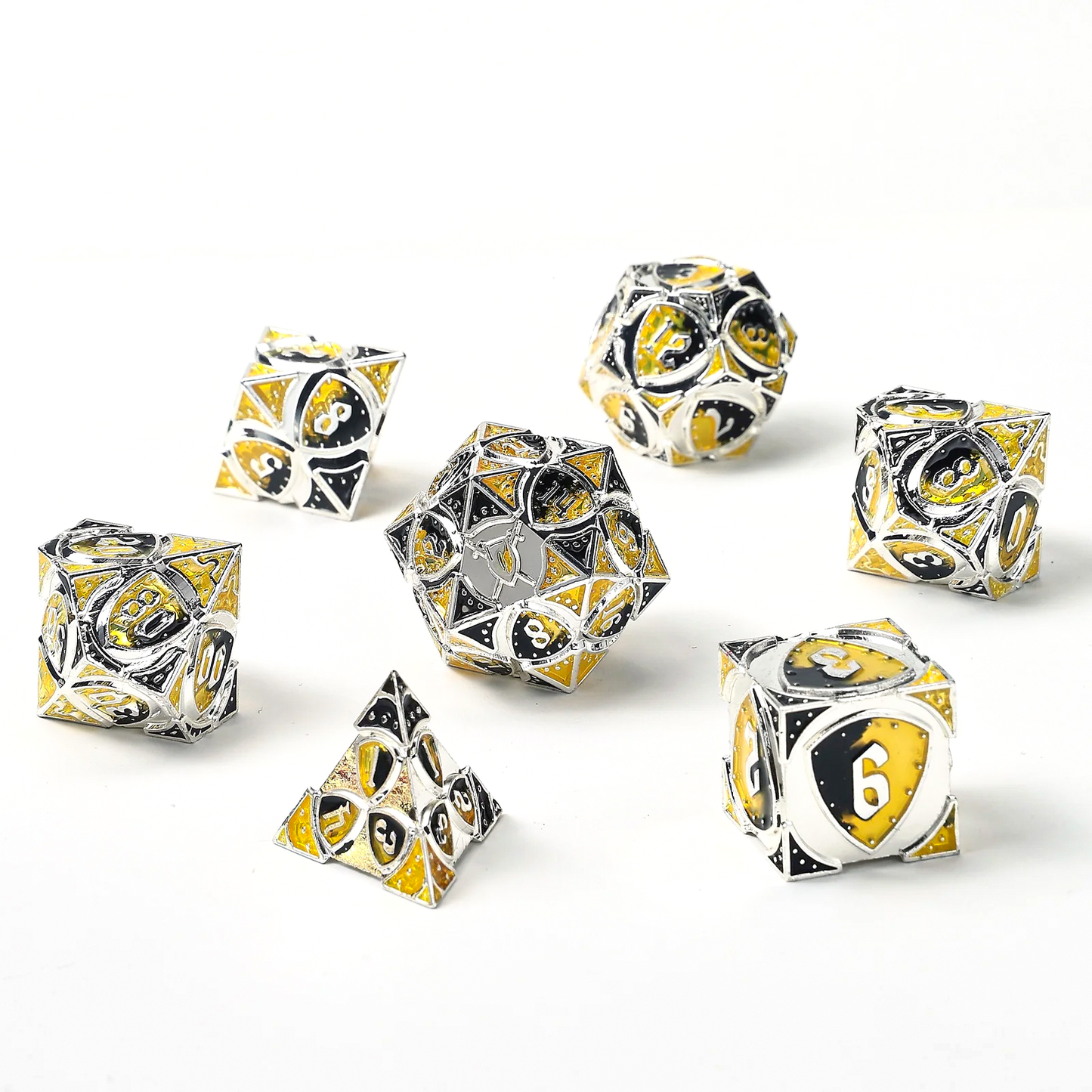 Fighter Solid Metal Polyhedral Dice Set-Silver w/Yellow&Black