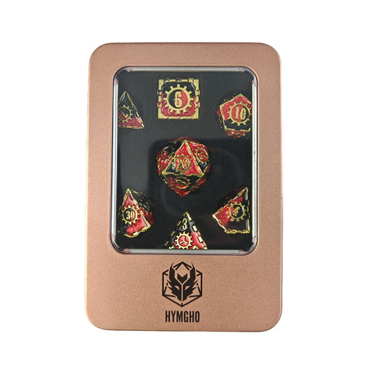 Gears of Fate Solid Metal Dice Set-Gold w/Red&Black - HYMGHO Dice