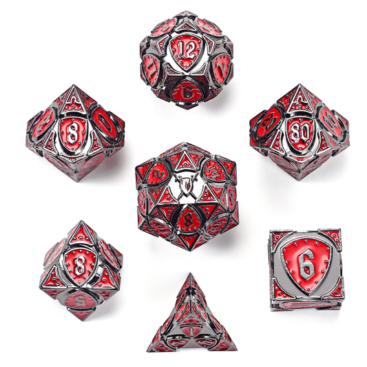 Fighter Solid Metal Polyhedral Dice Set-Gunmetal w/Blood Red