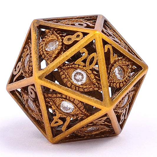 Ancient Gold with white Diamond Gems Dragon's Eye Hollow Metal Dice set