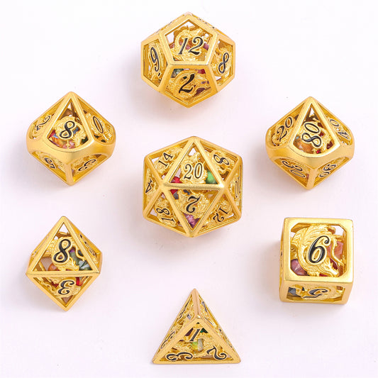 Matt Gold Hollow Dragon Dice Set Filled with Gems