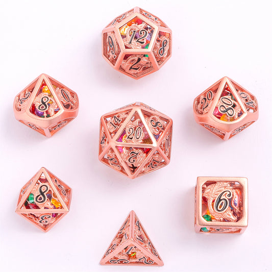 Rose Gold Hollow Dragon Dice Set Filled with Gems