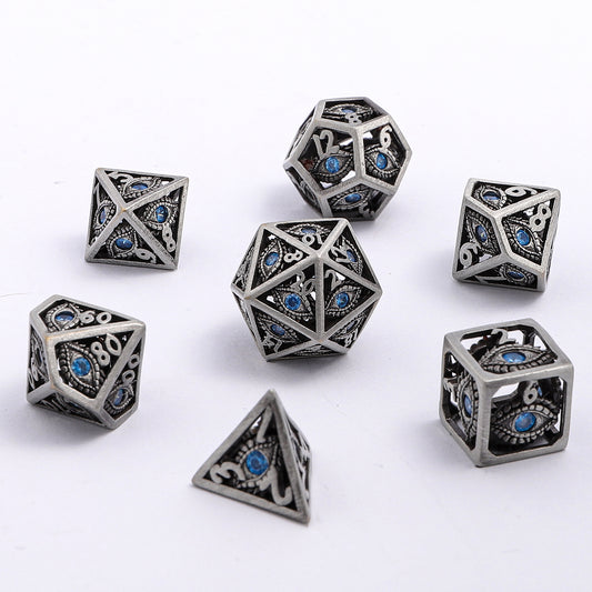 Hollow 10mm mini Dragon's Eye dice set-Ancient Silver with Blue Gems