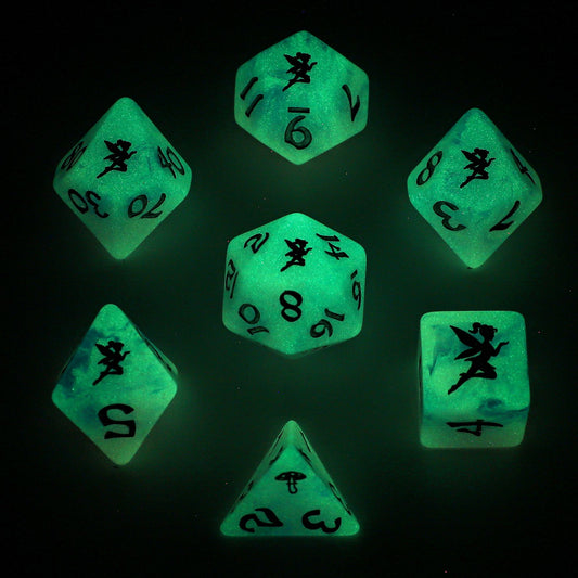 Pixie Dust RPG Dice Set Glow in the dark- Silver