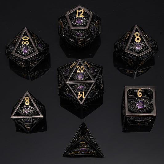 Black with Purple Gems Dragon's Eye Hollow Metal Dice set