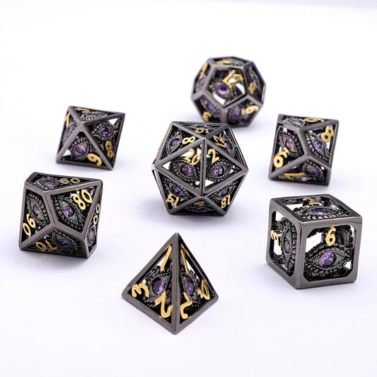Black with Purple Gems Dragon's Eye Hollow Metal Dice set