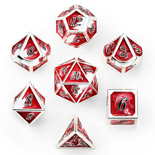 Solid Metal Dragon Dice Set - Silver w/Red&White