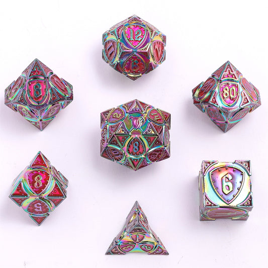 Fighter Solid Metal Polyhedral Dice Set-Rainbow w/UV-reactive Red
