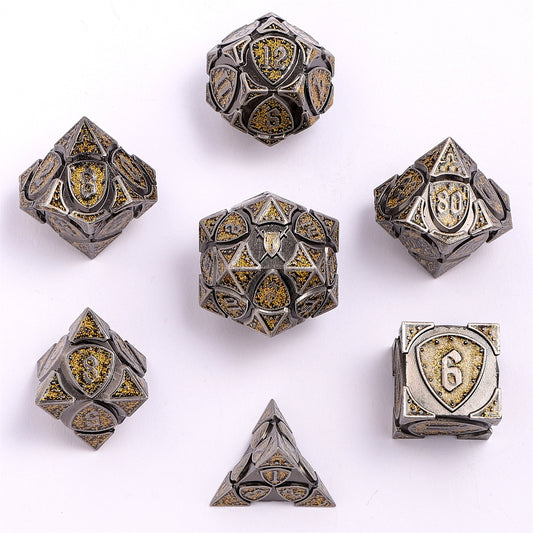 Fighter Solid Metal Polyhedral Dice Set-Ancient Silver w/Glitter Yellow
