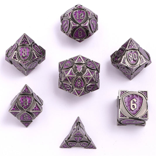 Fighter Solid Metal Polyhedral Dice Set-Ancient Silver w/Glitter Purple