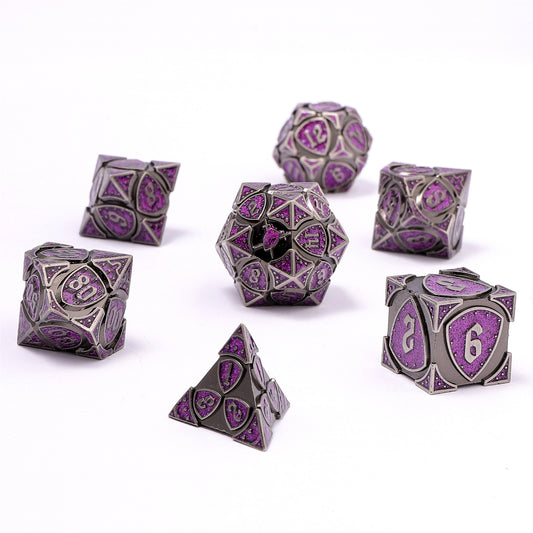 Fighter Solid Metal Polyhedral Dice Set-Ancient Silver w/Glitter Purple