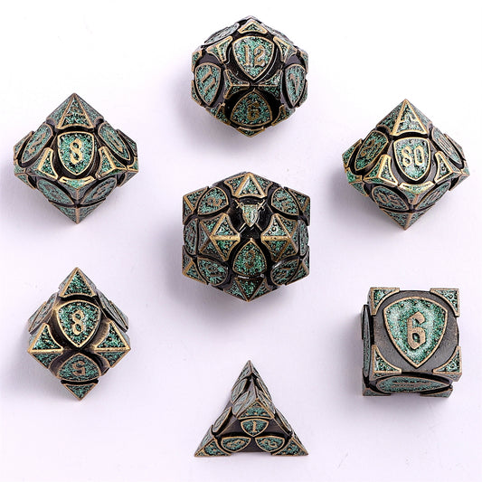 Fighter Solid Metal Polyhedral Dice Set-Ancient Bronze w/Glitter Green