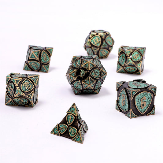Fighter Solid Metal Polyhedral Dice Set-Ancient Bronze w/Glitter Green