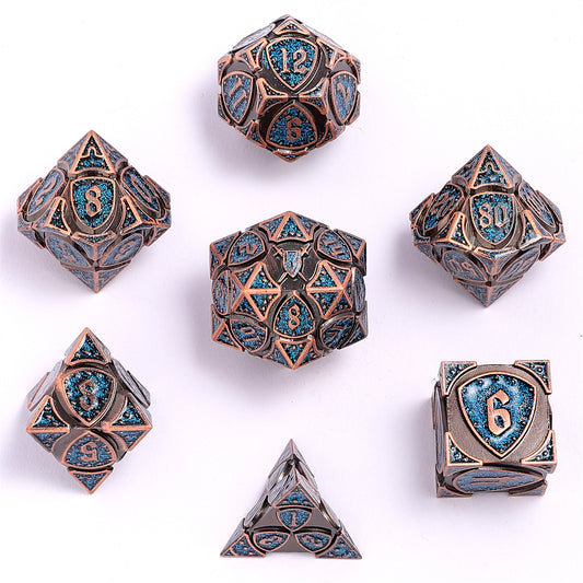 Fighter Solid Metal Polyhedral Dice Set-Ancient Copper w/Glitter Blue
