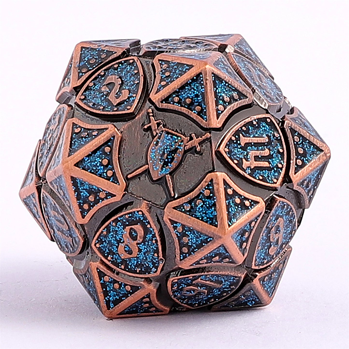 Fighter Solid Metal Polyhedral Dice Set-Ancient Copper w/Glitter Blue
