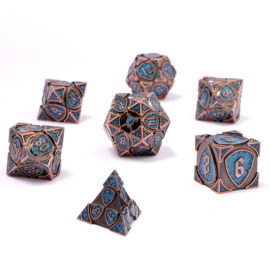 Fighter Solid Metal Polyhedral Dice Set-Ancient Copper w/Glitter Blue