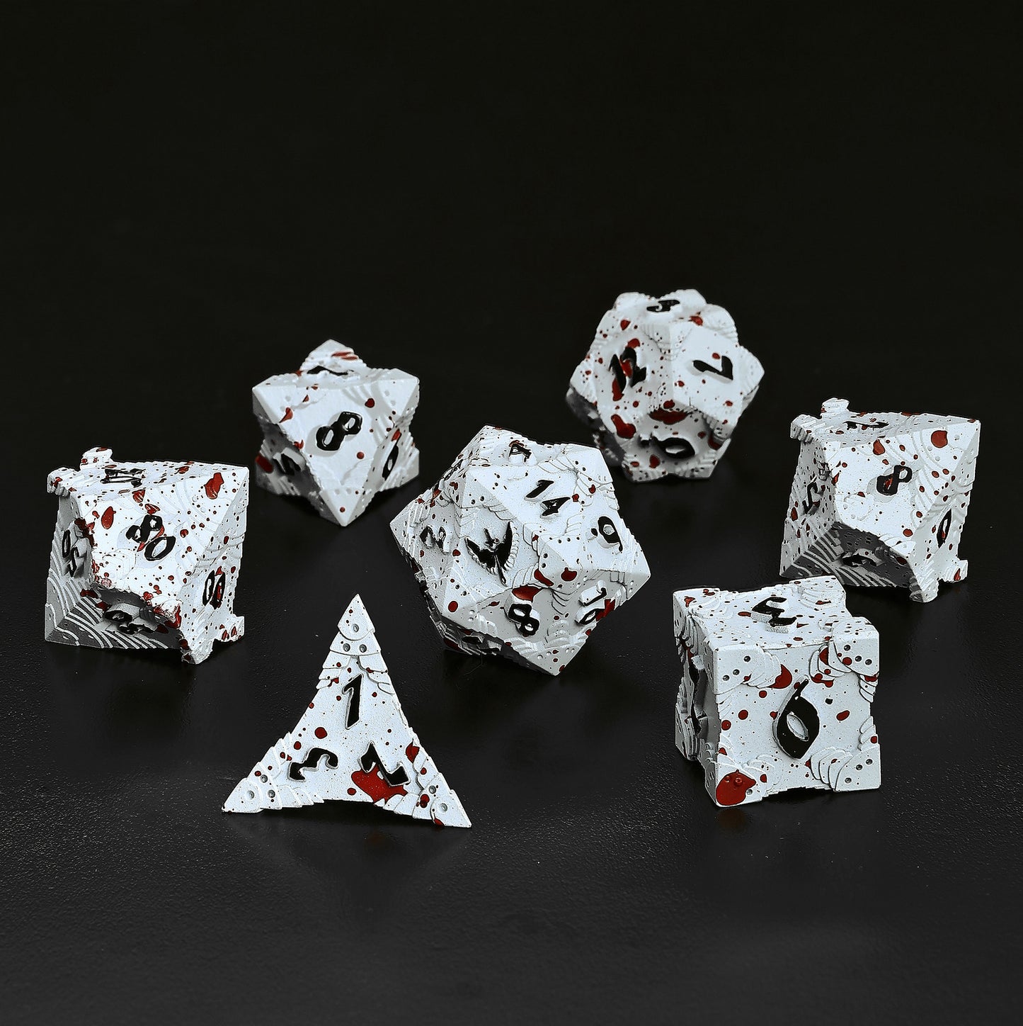 Paladin Solid Metal Polyhedral Dice Set-Matt White w/Blood Splatter