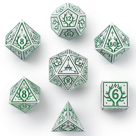Druid Solid Metal RPG Dice Set - White w/Green