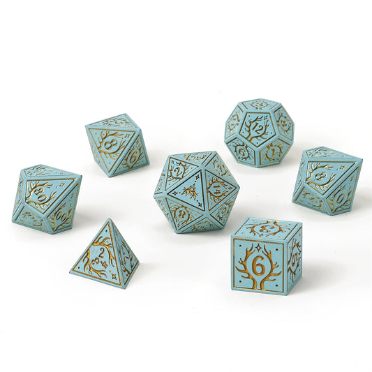 Druid Solid Metal RPG Dice Set - Pale Cyan w/Gold