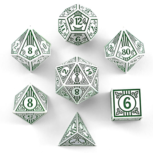 Bard Solid Metal RPG Dice Set - White w/Green