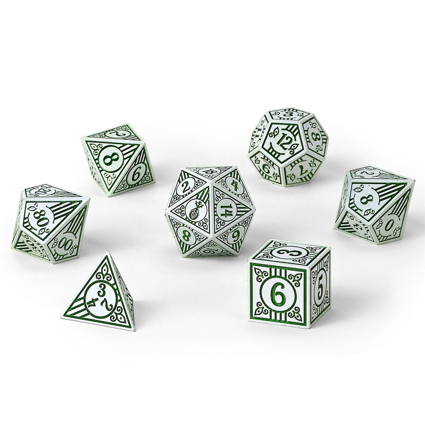Bard Solid Metal RPG Dice Set - White w/Green