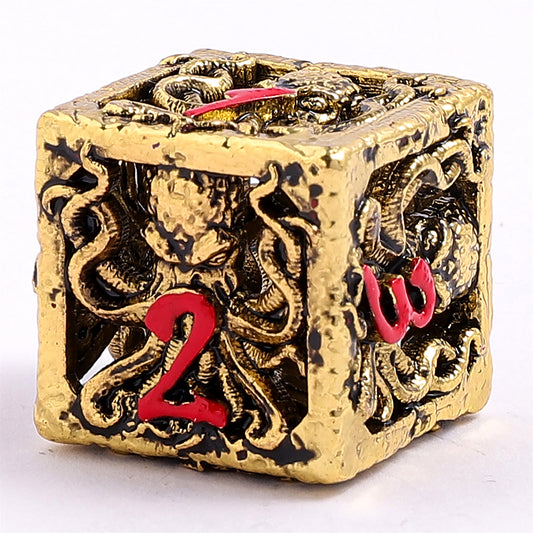 Lllithids Mind Cage Hollow Metal Dice Set - Gold w/Red
