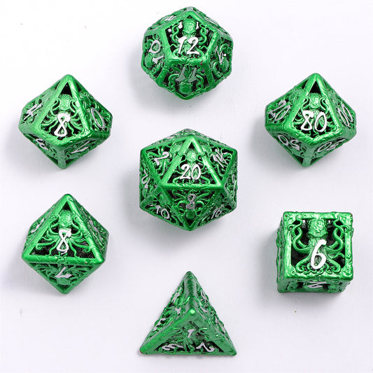 Lllithids Mind Cage Hollow Metal Dice Set - Green w/Silver