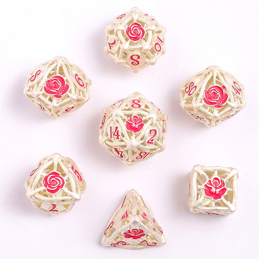 Hollow Rose Polyhedral Metal Dice Set - Matt Silver w/Pink