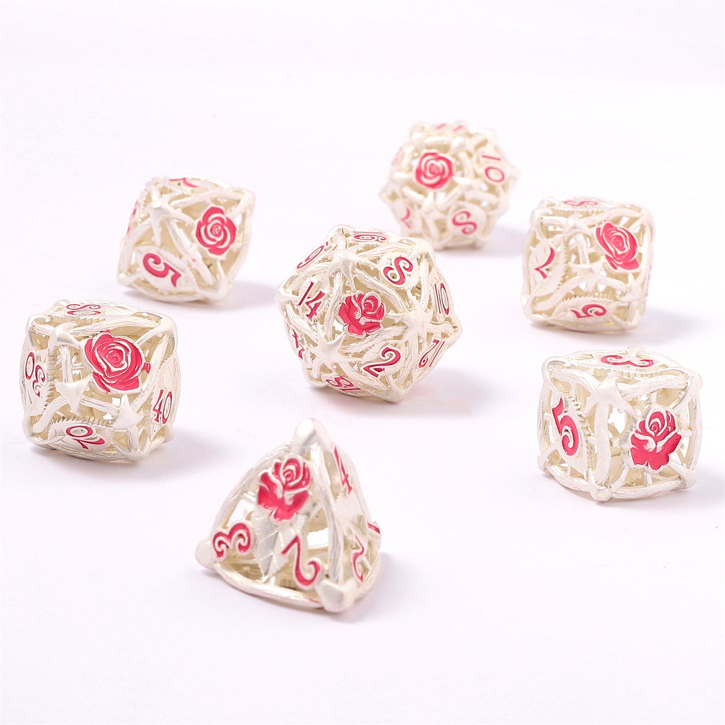 Hollow Rose Polyhedral Metal Dice Set - Matt Silver w/Pink