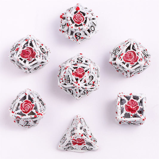 Hollow Rose Polyhedral Metal Dice Set - White w/Blood Spatter