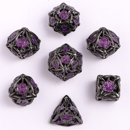Hollow Rose Polyhedral Metal Dice Set - Gunmetal w/Purple