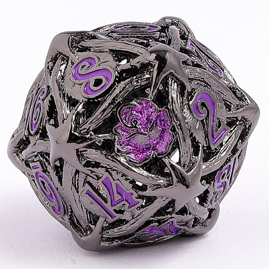Hollow Rose Polyhedral Metal Dice Set - Gunmetal w/Purple