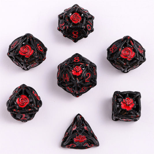 Hollow Rose Polyhedral Metal Dice Set - Black w/Blood Spatter