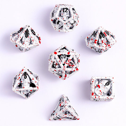 Skull's Grin Hollow Metal Dice Set - White w/Blood Splatters