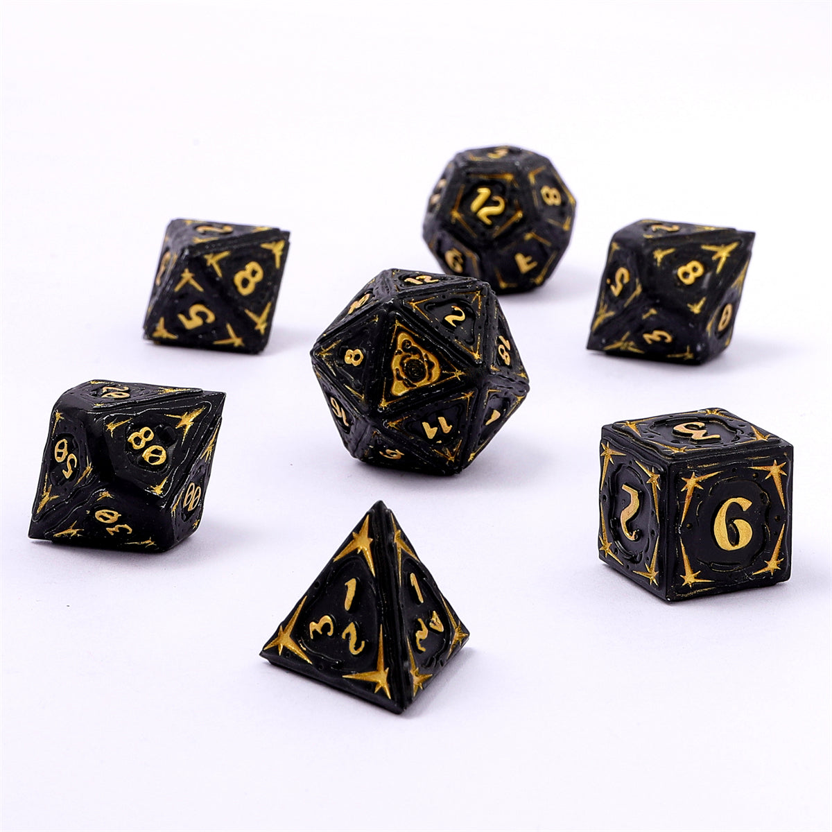 Sorcerer Solid Metal RPG Dice Set - Matt Black w/Gold