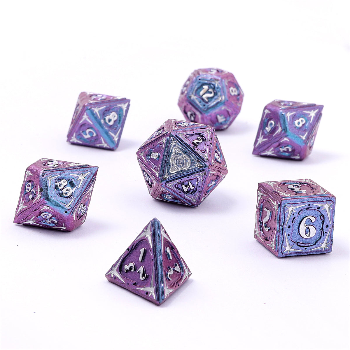 Sorcerer Solid Metal RPG Dice Set - Chameleon Blue w/Silver
