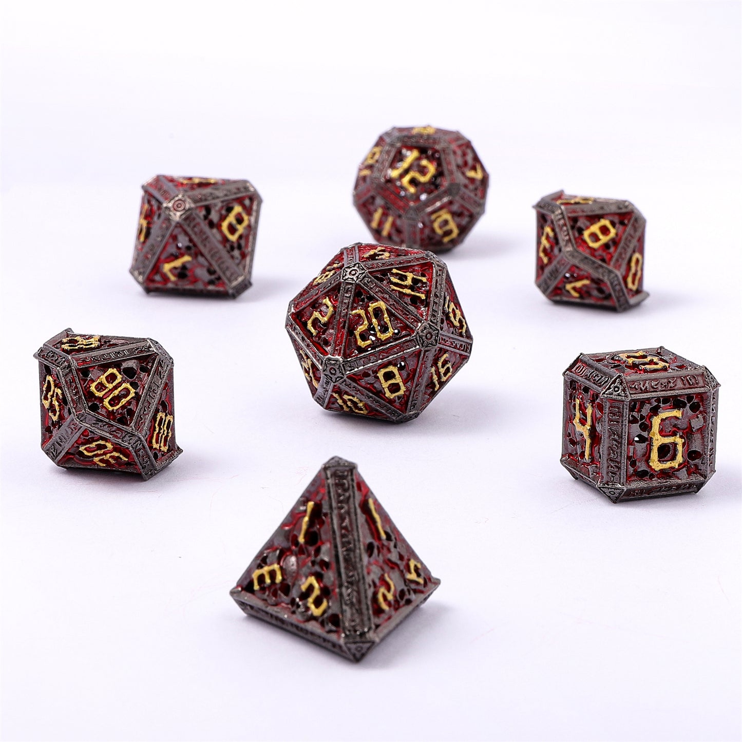 Hollow Metal Necromancer Dice Set - Gunmetal w/Gold And Red