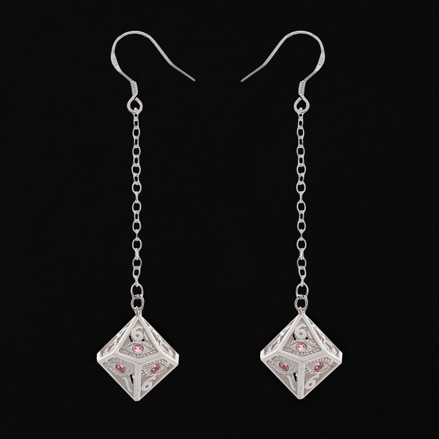 Dragon's eye D10 earrings-Silver w/Pink gems