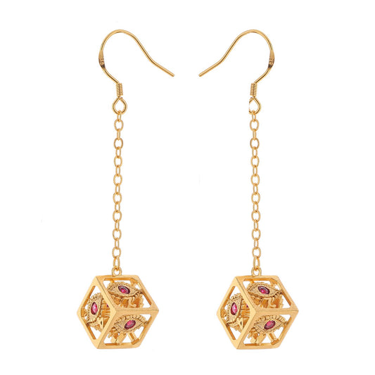 Dragon's eye D6 earrings-Gold w/Red gems