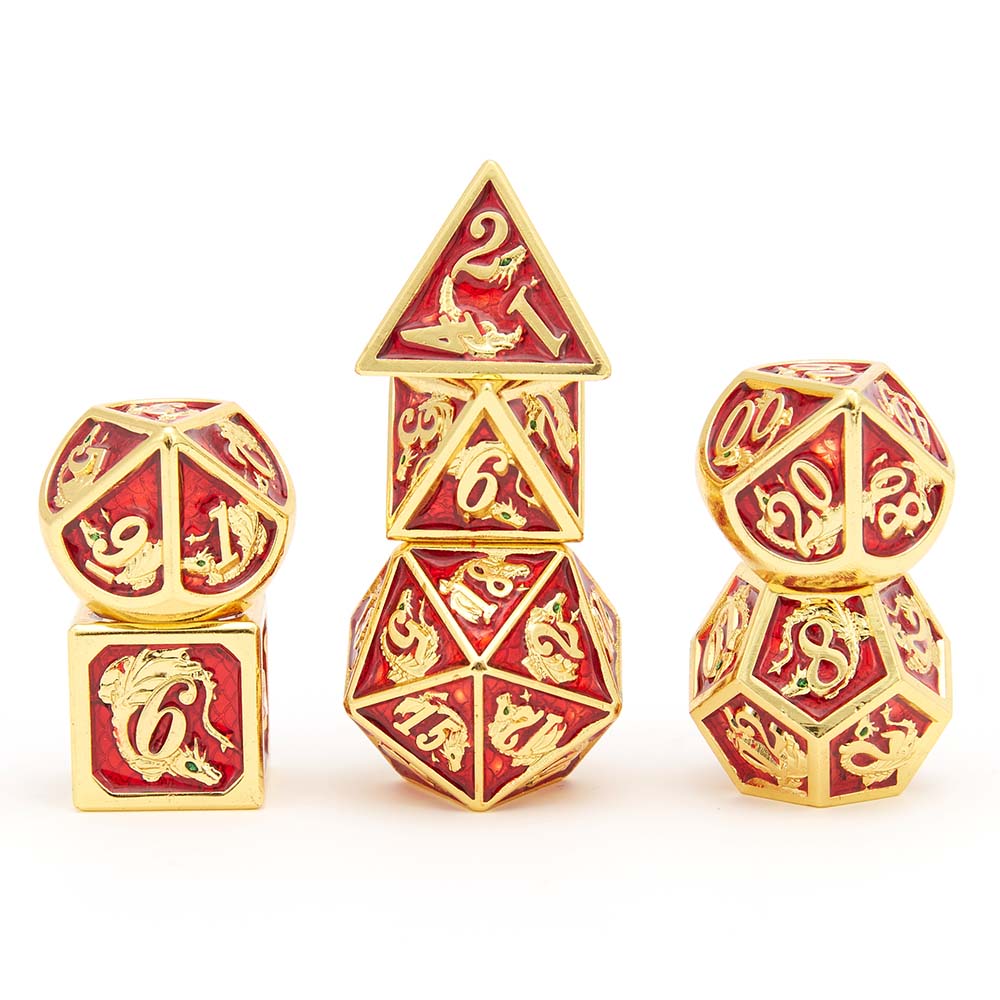 HYMGHO DnD dice set Gold Dragon ruby enamel engraved with dragon scales - HYMGHO Dice