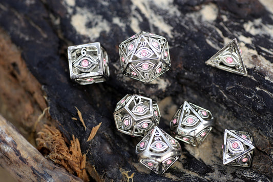 Shiny Silver with Pink Gems Dragon's Eye Hollow Metal Dice set