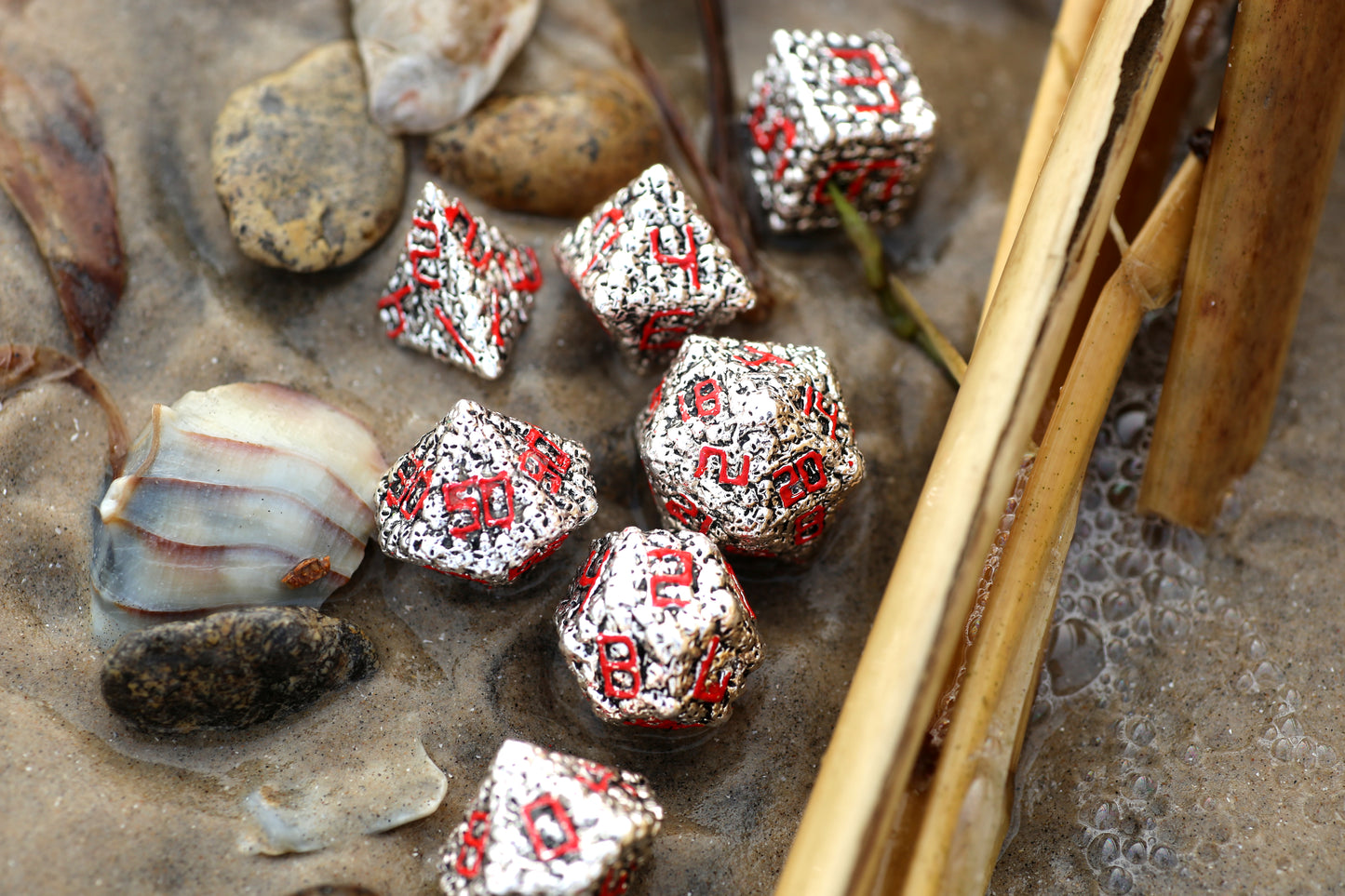 Silver with Red Pile of Skulls Solid Metal Dice Set