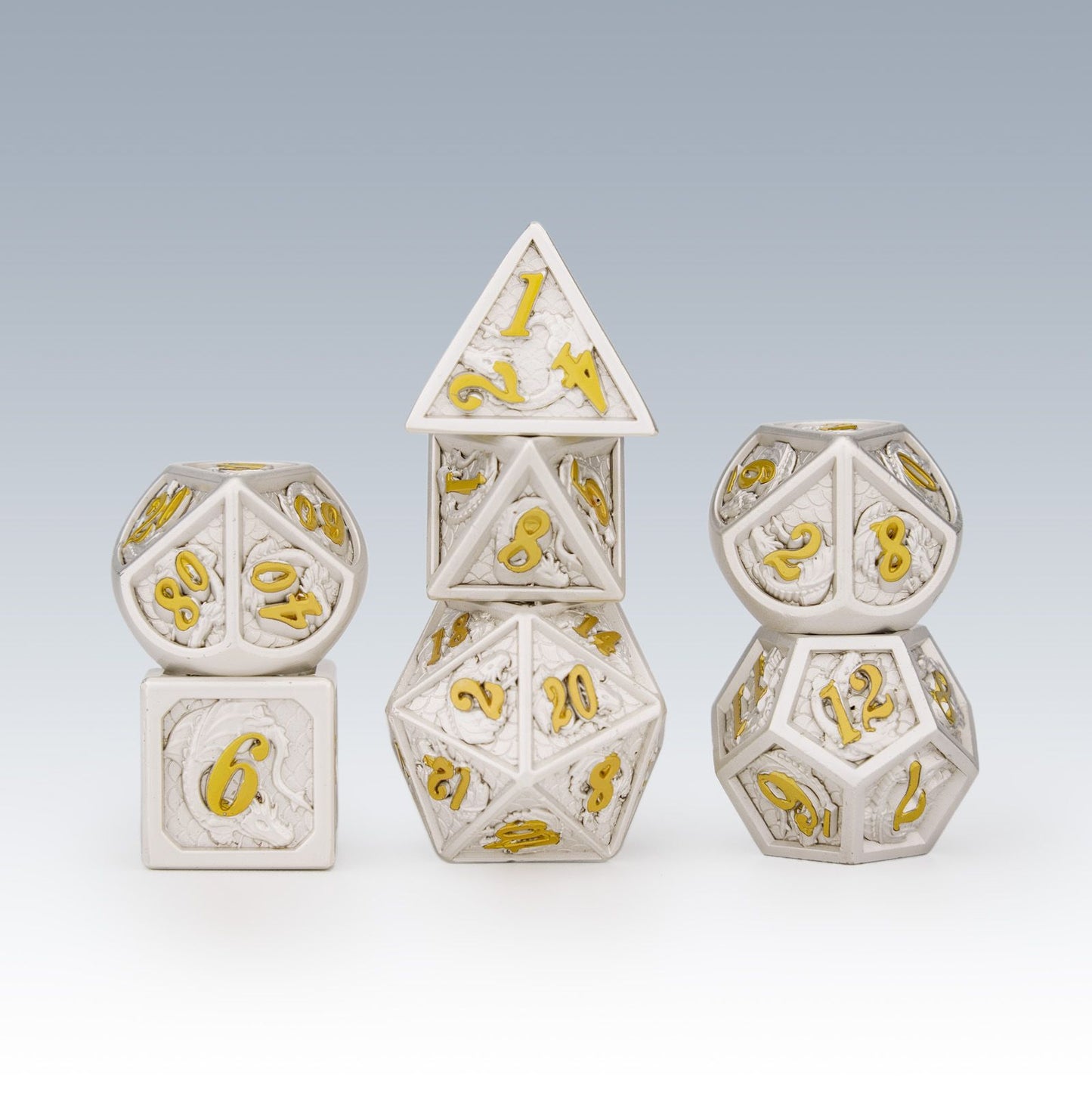 Pearl White with gold number dragon metal dice set - HYMGHO Dice