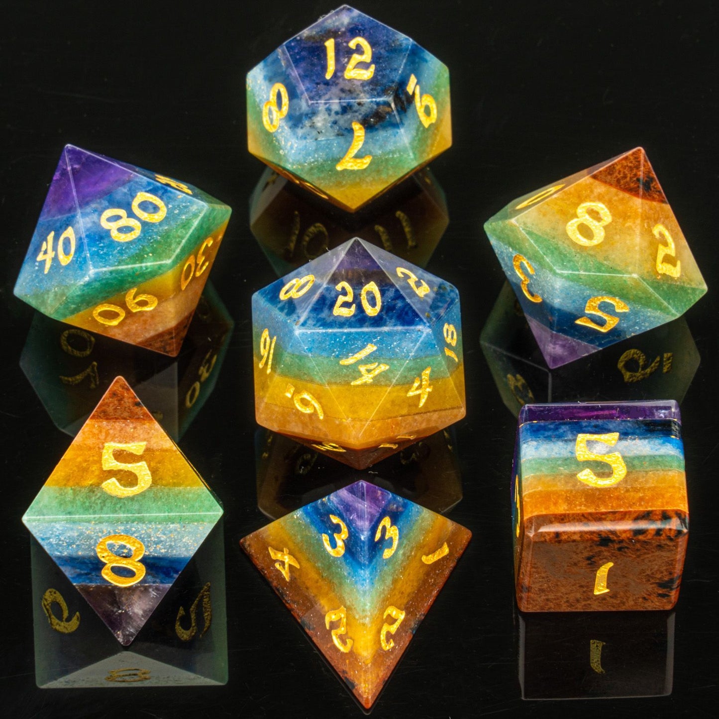 天然レインボーレイヤードジェムストーンダイスセット 7個 RPG
