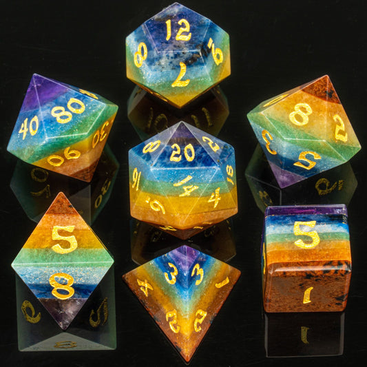 Natural rainbow layered gemstone dice set 7 pieces RPG