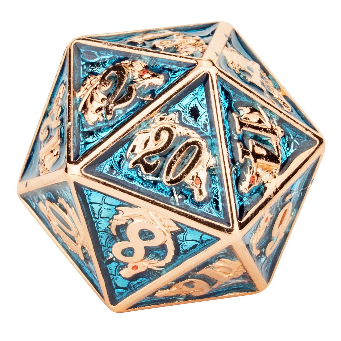 Single Solid Metal Dragon D20 Copper Aqua enamel - HYMGHO Dice