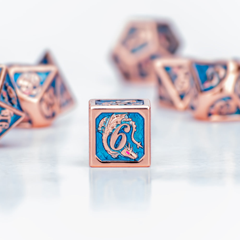 Rose gold Aquamarine hand painting solid metal dragon dice - HYMGHO Dice