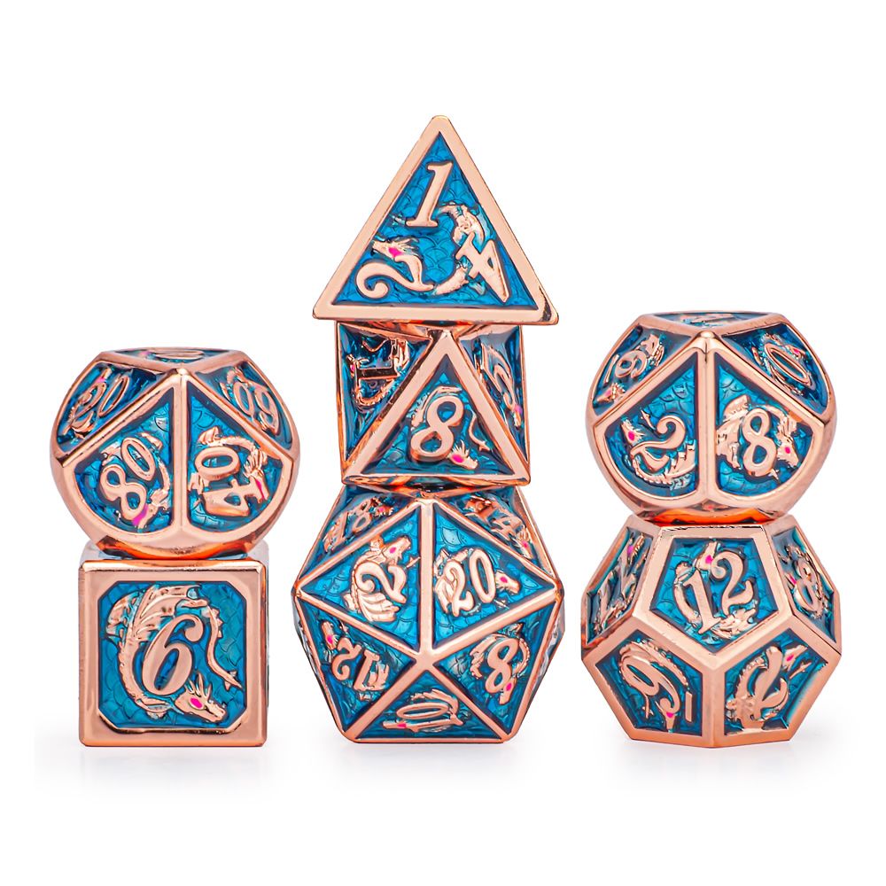 Rose gold Aquamarine hand painting solid metal dragon dice - HYMGHO Dice