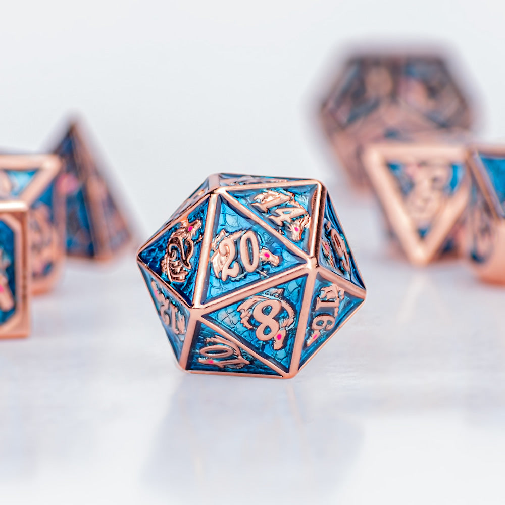 Rose gold Aquamarine hand painting solid metal dragon dice - HYMGHO Dice